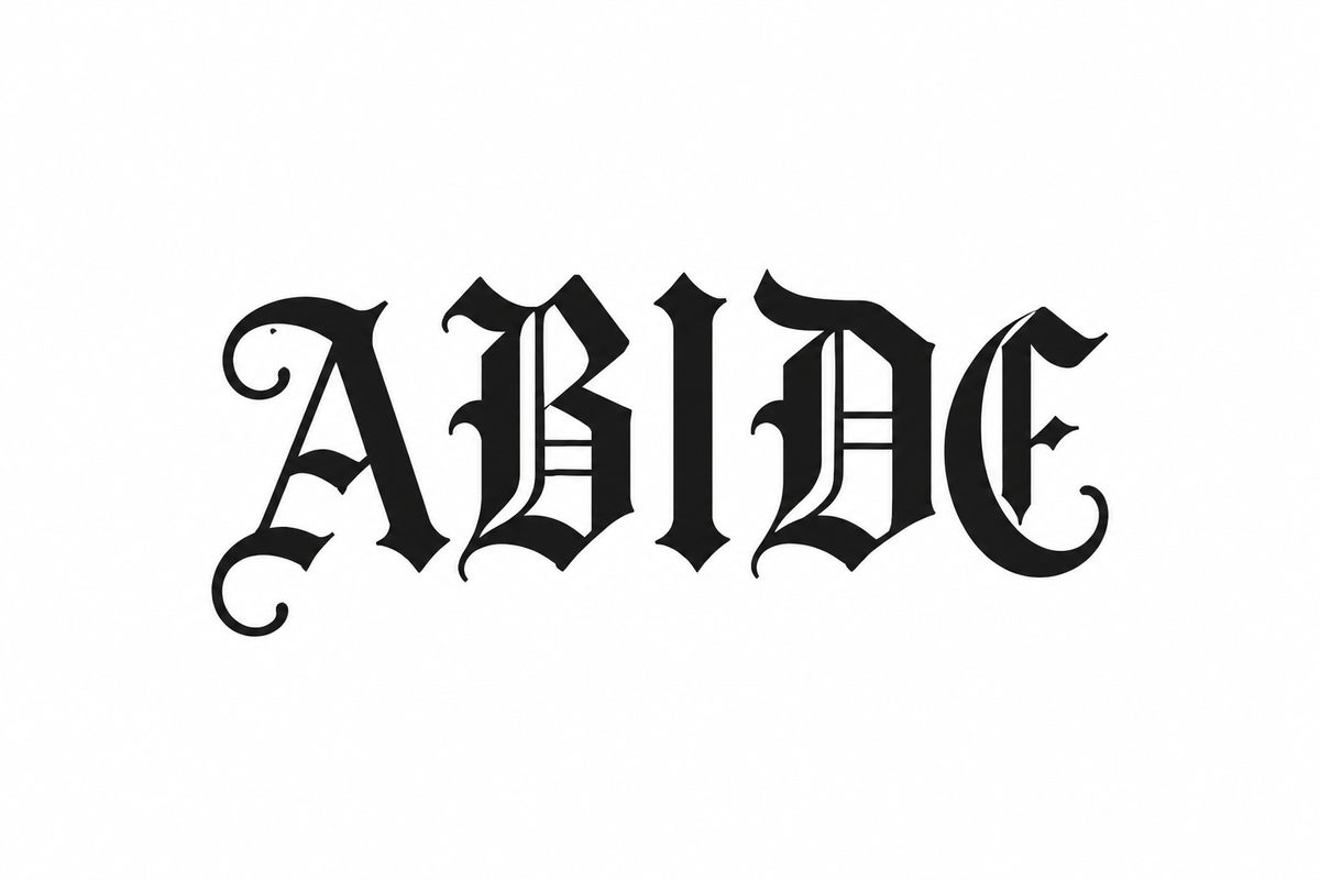 ABIDE logo in ornate blackletter lettering
